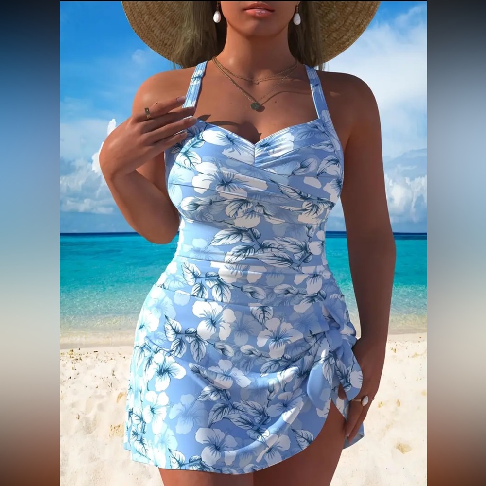 NEW 1 Piece Swimdress , blue floral #SW-D1-0108